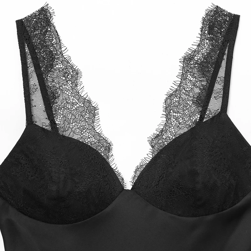 قطع علوية نسائية مع خزانات علوية من الدانتيل وقميص قصير مثير عتيق للنساء باللون الأسود بدون أكمام للصيف الأوروبي