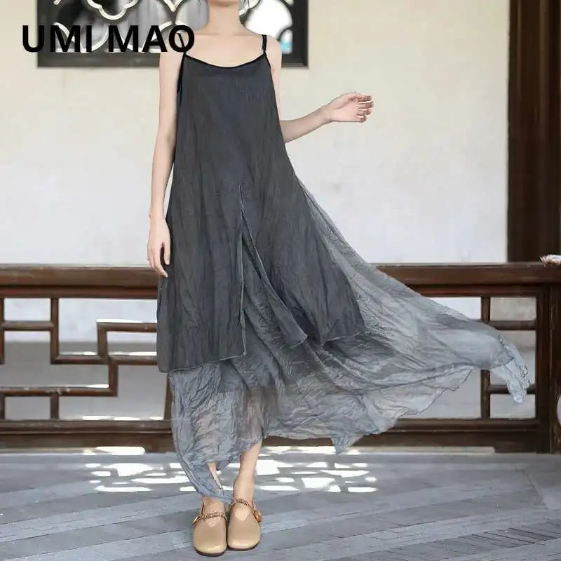 UMI MAO 2024 New Cotton Hemp Dresses Women's Three Layer Flowing Carbon Dyed Old Sling Skirt Pressed Crease Hem Dress For Women