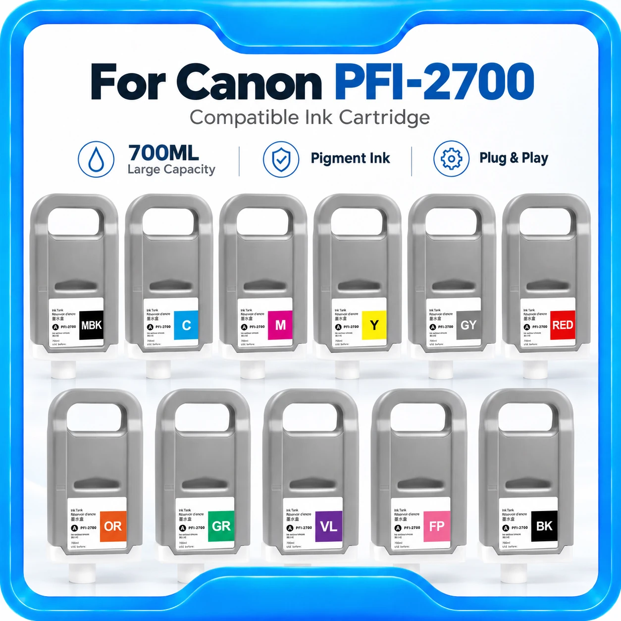 700ml 11Color PFI2700 PFI-2700 Ink Cartridge for Canon Image PROGRAF GP-2000 GP-4000 GP 2000 4000 Large Format Printer 100% Work