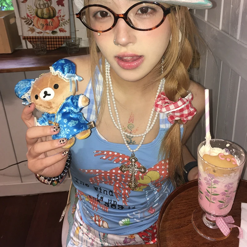 Japanisches Y2K Blaues Tank Top Vintage Harajuku Kawaii Neckholder Tops 2000er Jahre Ästhetik Rückenfreies Crop Top Lolita Süßes Tanktop