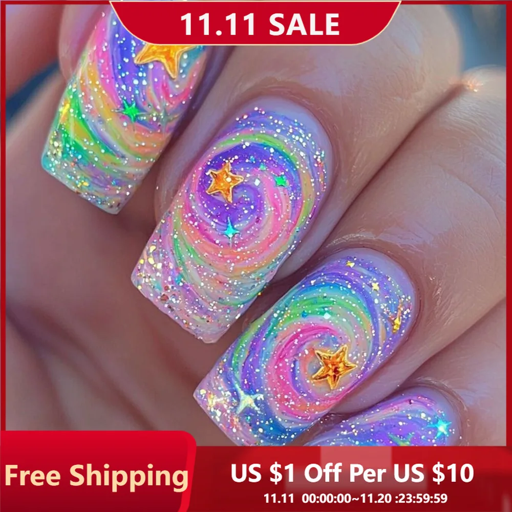 

24pcs Press on Nails Brilliant Star Gradient Swirl Full Coverage Nail for Women&Girl Removable Planet Wearable False Nails