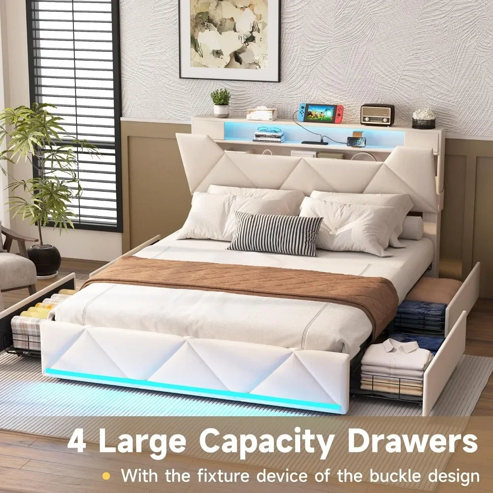 bed.Queen Bed Frame with Storage Headboard and 4 Drawers,Upholstered Platform with Charging Station and Led Lights,Adjustable