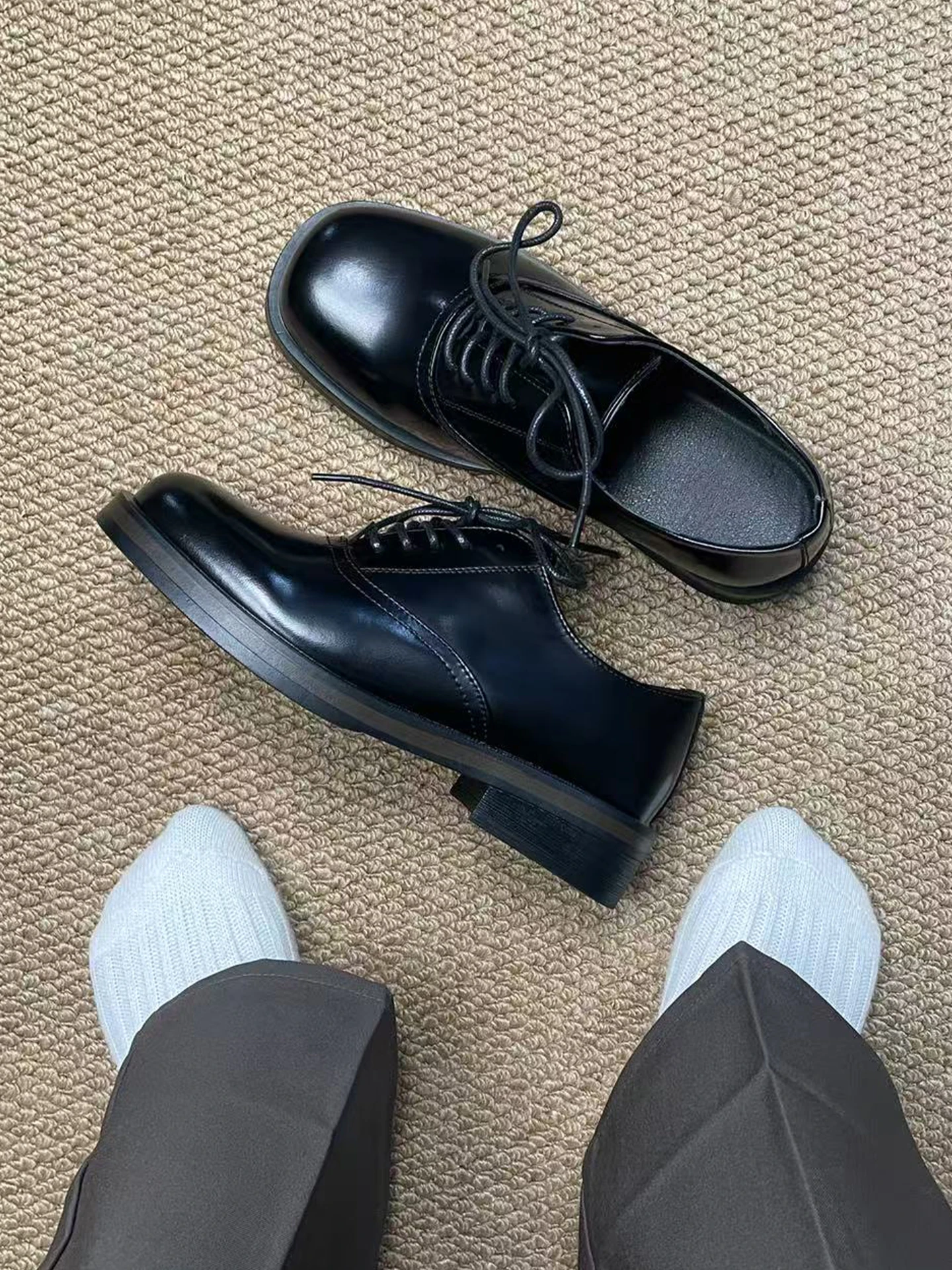 

Cleanfit oes Men's Square Head Leather Thi Bot Heightening Busin Casual Loers Bla Painted Leather