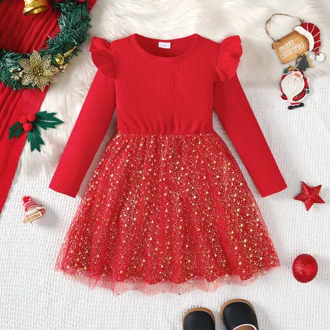 Fashionable Christmas Sparkling Dress Long Sleeve Flutter Sleeve Star Mesh Dress New Year's Holiday Clothing for Girls Aged 2-7
