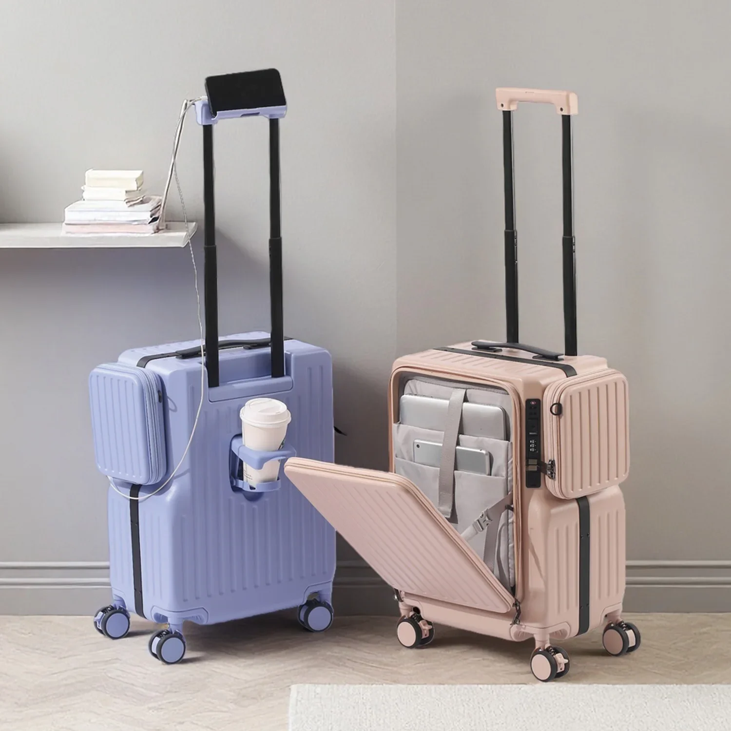 

Multifunctional Side Bag Suitcase ABS+PC Luggage Cup Holder USB Charging Interface Brake Wheel Trolley Case Mobile Phone Holder