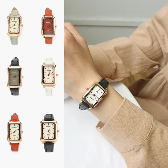 Fashion Retro Simple Chic Quartz Leather Strap Rectangle Watch Casual Retro Luxury Small Square Wheat Ear Printing women Watch
