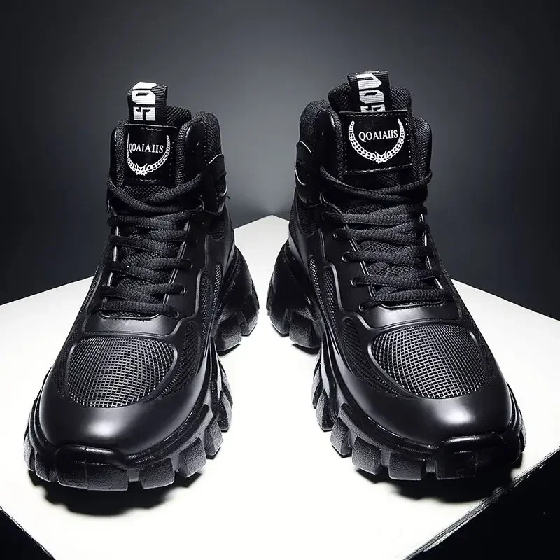 Bottes de neige montantes doublées de polaire pour hommes, bottes de motard noires à lacets, rehaussantes de la hauteur, antidérapantes, dernière mode hiver 2025