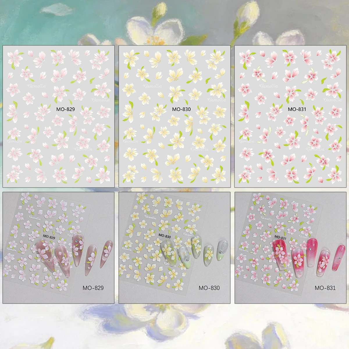 3/6/12 Sheets 5D Camellia Flower Nail Stickers Pink Yellow Floral Spring Self Adhesive Embossed Salon Manicure Nail Art Decals