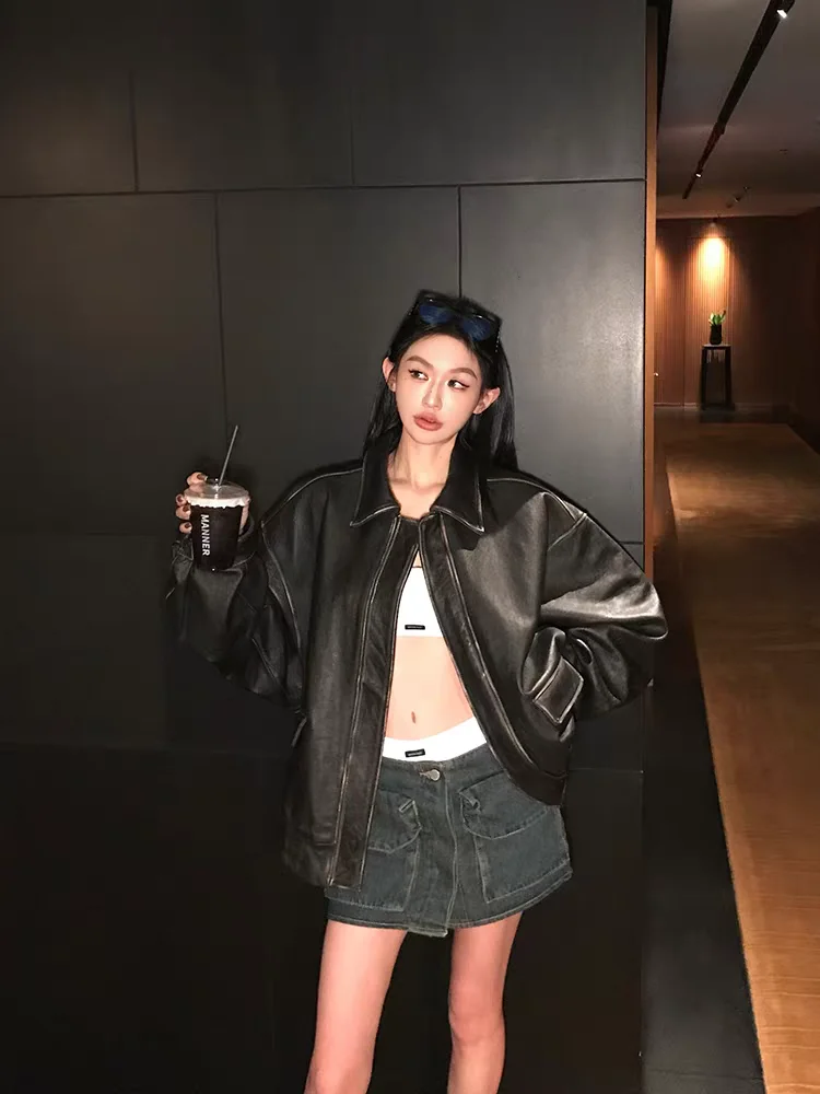 2025 جديد ربيع الخريف كول وسيم ريترو المتضخم المتعثرة البني لينة فو سترات من الجلد للنساء سستة المدرج الموضة