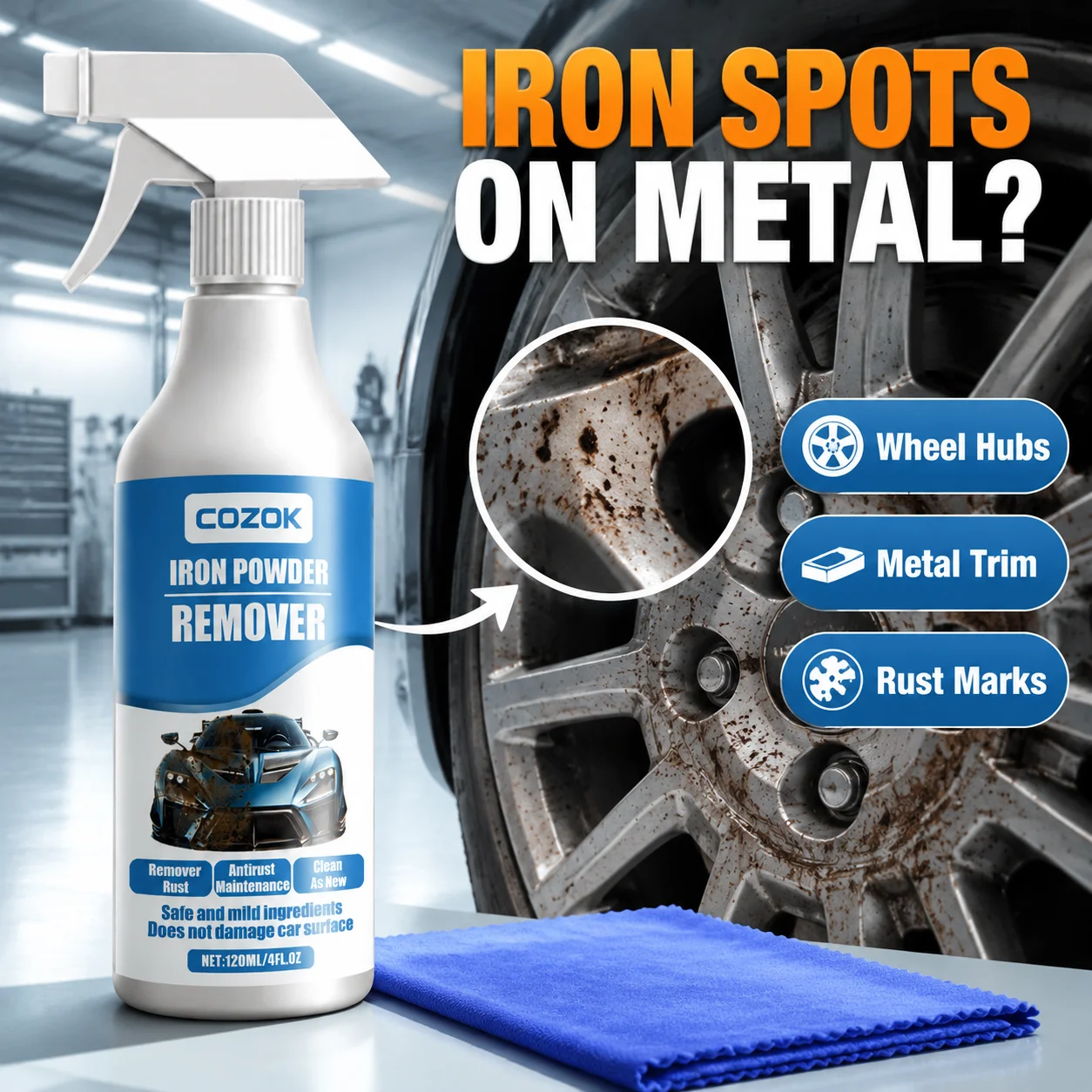 Car Iron Powder Rust Remover, Safe for Paint, Removes Metal Surface Rust, Forms Protective Film, Prevents Future Rust, Extends Service Life, Easy Spray and Rinse, Auto Detailing