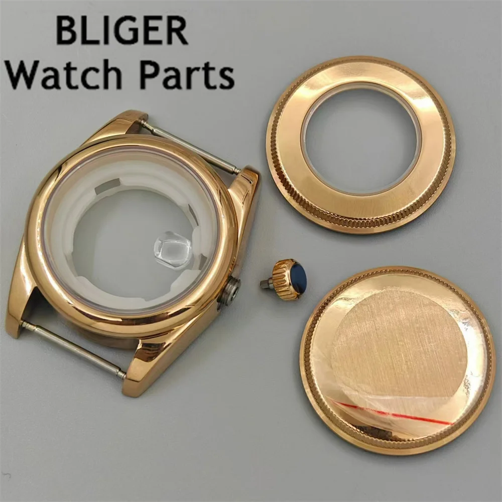 BLIGER 31mm damski zegarek koperta złota różowe złoto karbowana polerowana pochylona okrągła ramka szkło szafirowe pasuje do mechanizmu NH05 NH06
