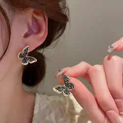 Fashion Rhinestone Black Butterfly Earrings Female Vintage Dark Temperament Ins Crystal Summer Earrings Wedding Jewelry