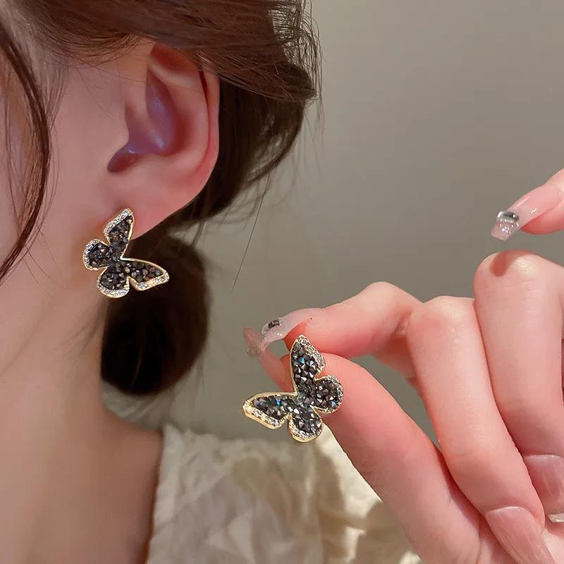 Fashion Rhinestone Black Butterfly Earrings Female Vintage Dark Temperament Ins Crystal Summer Earrings Wedding Jewelry