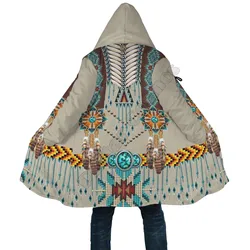 Turquoise Blue Pattern Breastplate Native American Cloak 3D Print Winter Hooded Cloaks Fleece Wind Breaker Unisex Warm Overcoat