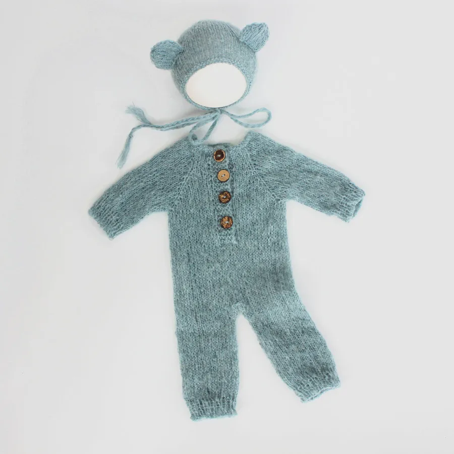 Feito à mão recém-nascido mohair onesie fotografia adereços bebê urso bonnet & conjunto de macacão