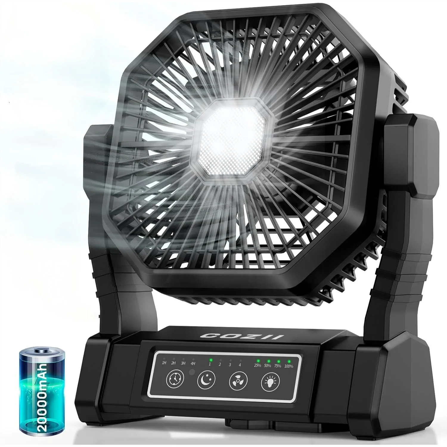 Battery Operated Fan 20000mAh Rechargeable Portable Fan with LED Lantern, 3 Colors 4 Speed