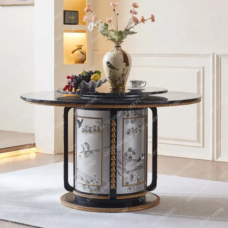 Chinese hand-painted flowers and birds 1.3 meters marble with turntable solid wood round villa luxury dining table and chairs