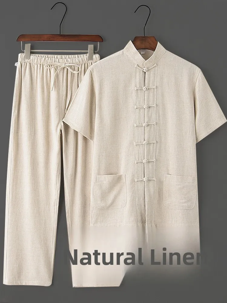 

Men's Summer Cotton Linen Short Sleeve Suit Middle-Aged And Elderly Tang Costume Casual Wear Chinese Style Half Sleeve Menswear
