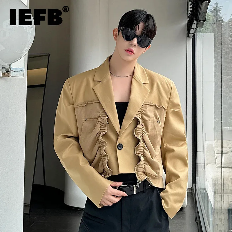 IEFB Niche Design Double Sided Splicing Short Suit Jacket Men Wear 2024 Autumn New Trendy Solid Color Single Button 9C7315