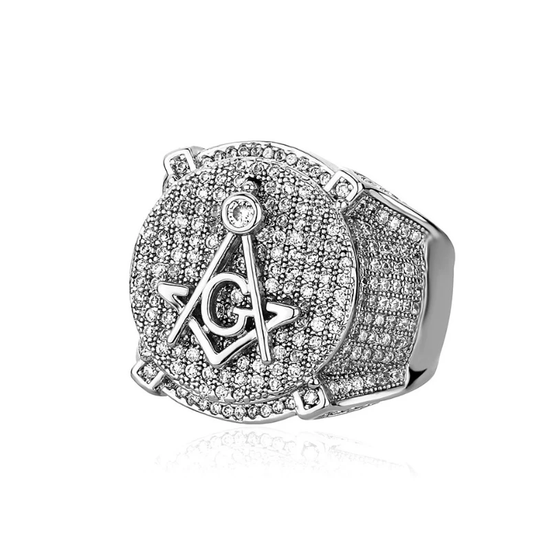 

Luxury Men Brass Gold Plated Iced Out Lodge Freemason AG Masonic Rings Hip Hop Punk Style for Christian Engagement Party Jewelry