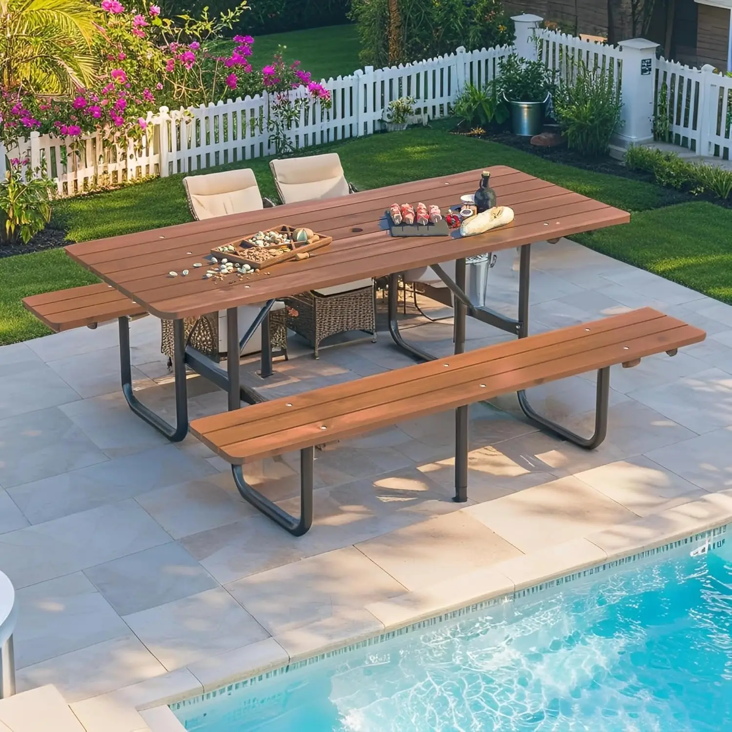 

Outdoor Picnic Table with Benches, 6 - Person Picnic Table, Wooden Patio Dining Set, 1.97'' Umbrella Hole,, Customized