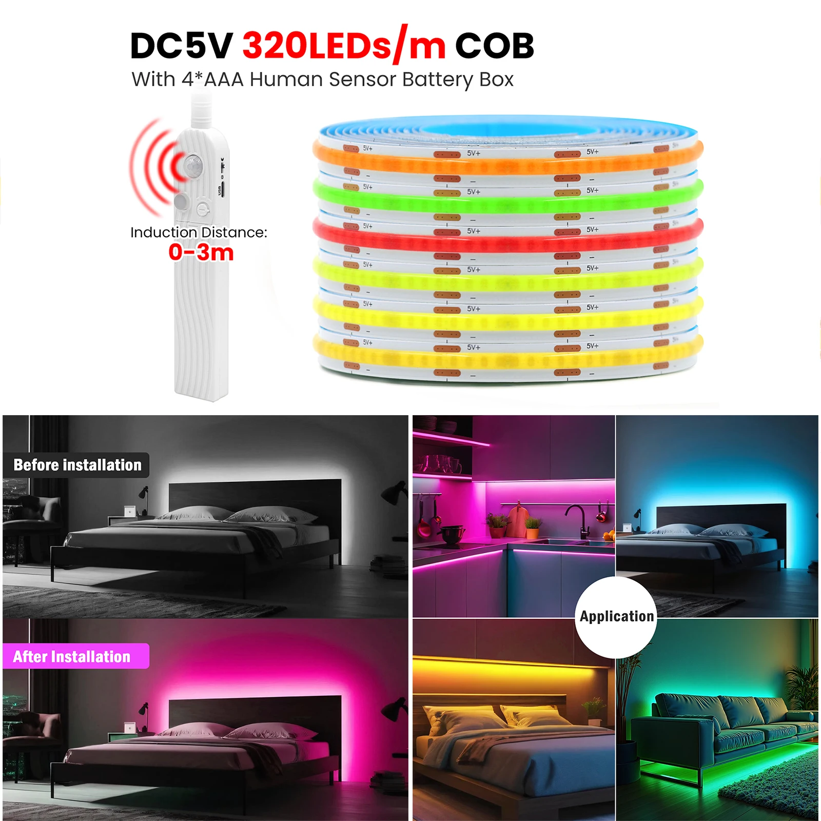 Motion Sensor Dimmerable COB Strip DC 5V 320Leds/M White/Red/Ice Blue/Pink/Yellow 0.5M-5M TV Backlight Ribbon Rope LED Light