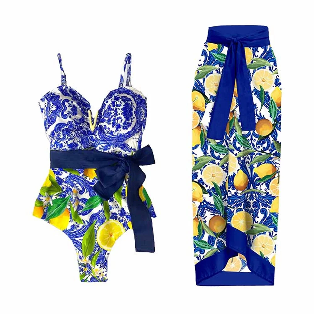 2025 2PC Ruffle One Piece Swimsuit with Cover Up Sexy Swimwear  Women Print Monokini Push Up Swim Suit Print Bathing Suit Beachw image 2