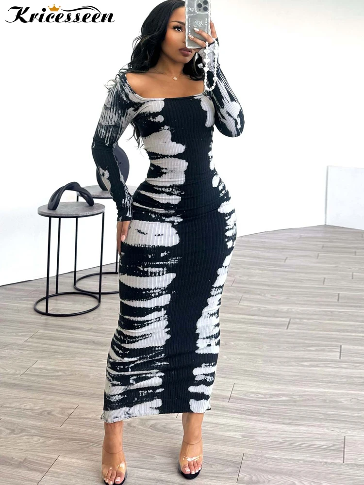 Kricesseen Casual Simplicity Mixed Printing Contrast Square Collar Ribbed Dresses Women's Tie Dye Knit Slim Maxi Dress Clubwear