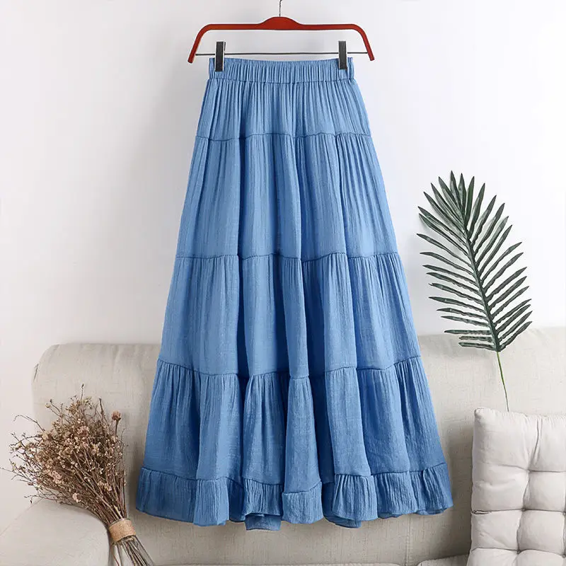 

2023 Women Linen Cotton Long Skirts Ladies Elastic Waist Sweet Blue Cake Skirts Beach Boho Vintage Pleated Summer Skirts
