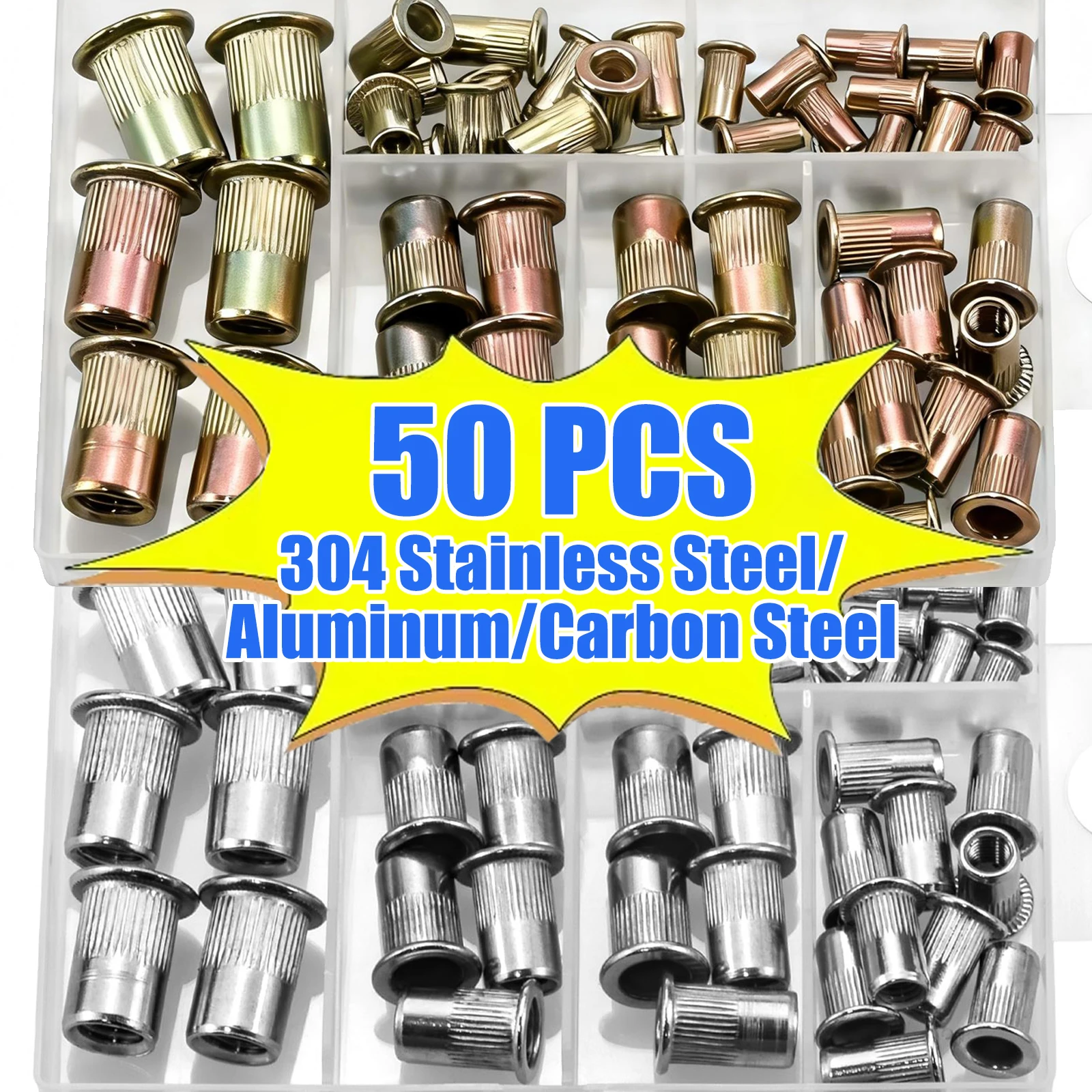 50 Stück 304 Edelstahl/Aluminium/Kohlenstoffstahl Flachkopf-Nietmuttern Sortiment-Set M3 M4 M5 M6 M8 Gewindeeinsatzmuttern