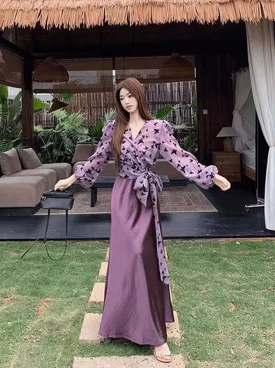 

Fashionable Purple Print Long Sleeve Women's Top And High Waist Skirt Two-Piece Set Design Sense Trendy Autumn Wear