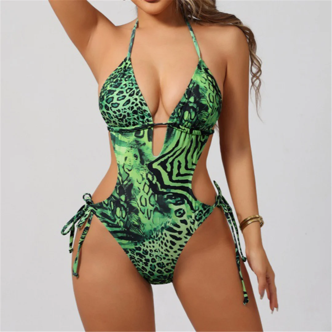 Sexy S - XL Leopardenmuster, tiefer V-Ausschnitt, ausgeschnittenes Design, Damen-Badeanzug, einteiliger Badeanzug, rückenfreier Badeanzug, Badebekleidung, Modell V7426. – Detail 3