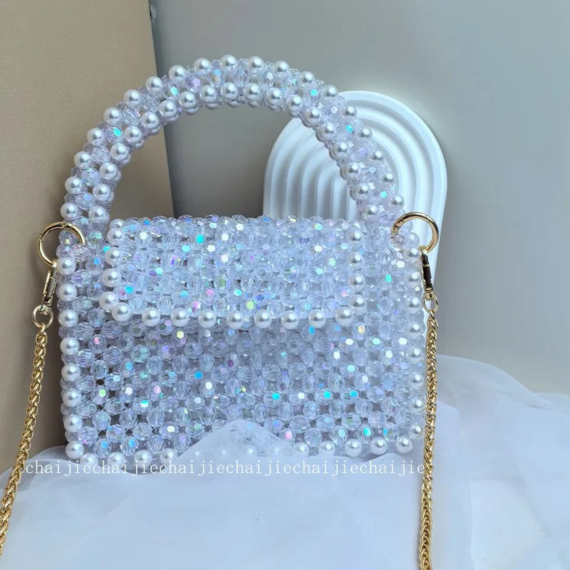 New Fashion Pearl Women's Bags Handmade Knitted Beaded Ladies Handbag Edge Spliced Shiny Flip Chain Crossbody Bag Customized