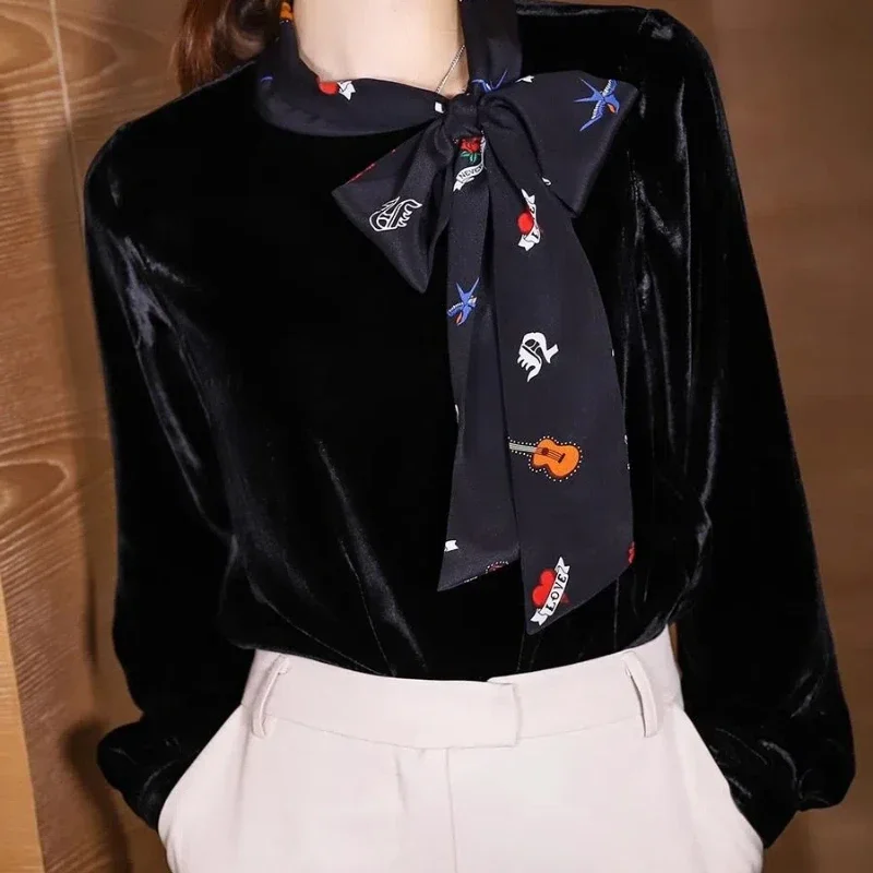 

Black Velvet Bow Blouse High Fashion and Stylish Pullovers Elegant Chic Long Sleeves Look Thin Vintage All match Shirts XT528