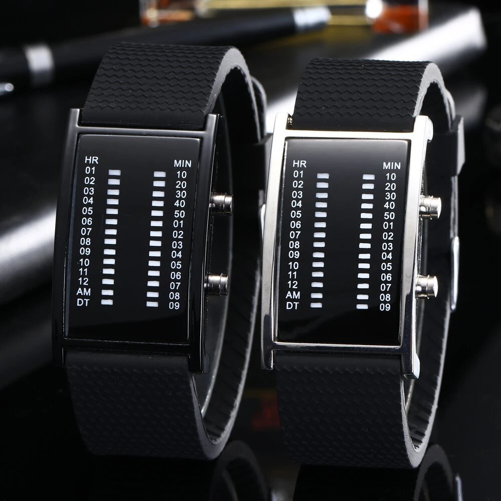 Binary Blue Light LED Digital Watches Couples Gift Luxury Rectangle Shape Silicone Fashion Men and Women