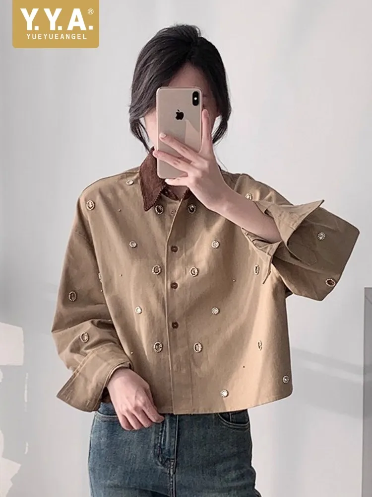 

Женская мода цвета хаки с блестящим вельветовым отложным воротником, короткая куртка, однобортная прямая свободная осенняя куртка с длинными рукавами