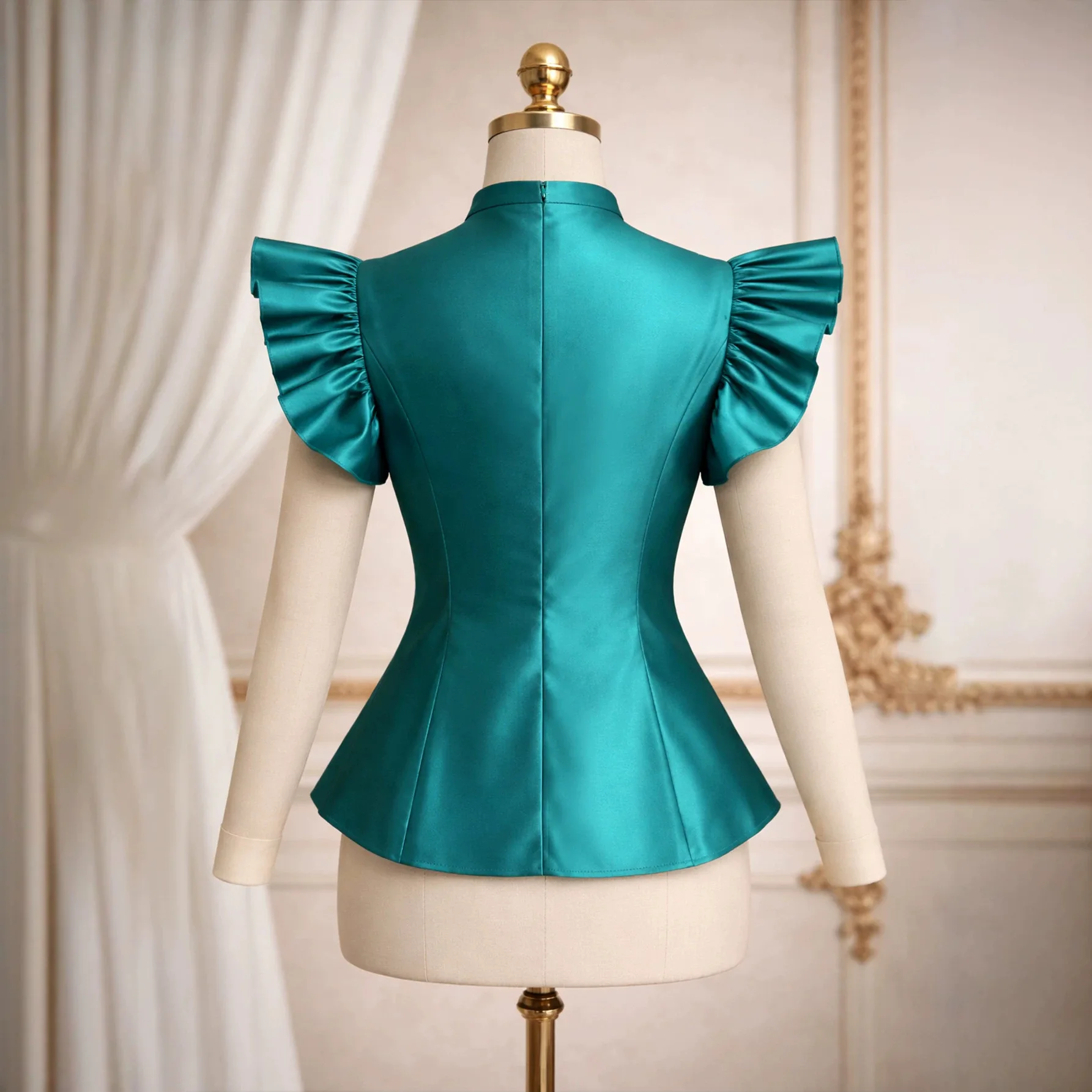 Plus-size Women's Lake Green Satin Waist-cinching Top With Stand-up Necklace, Pearl Embellishments, Hollowed-out Design  design, - view 4