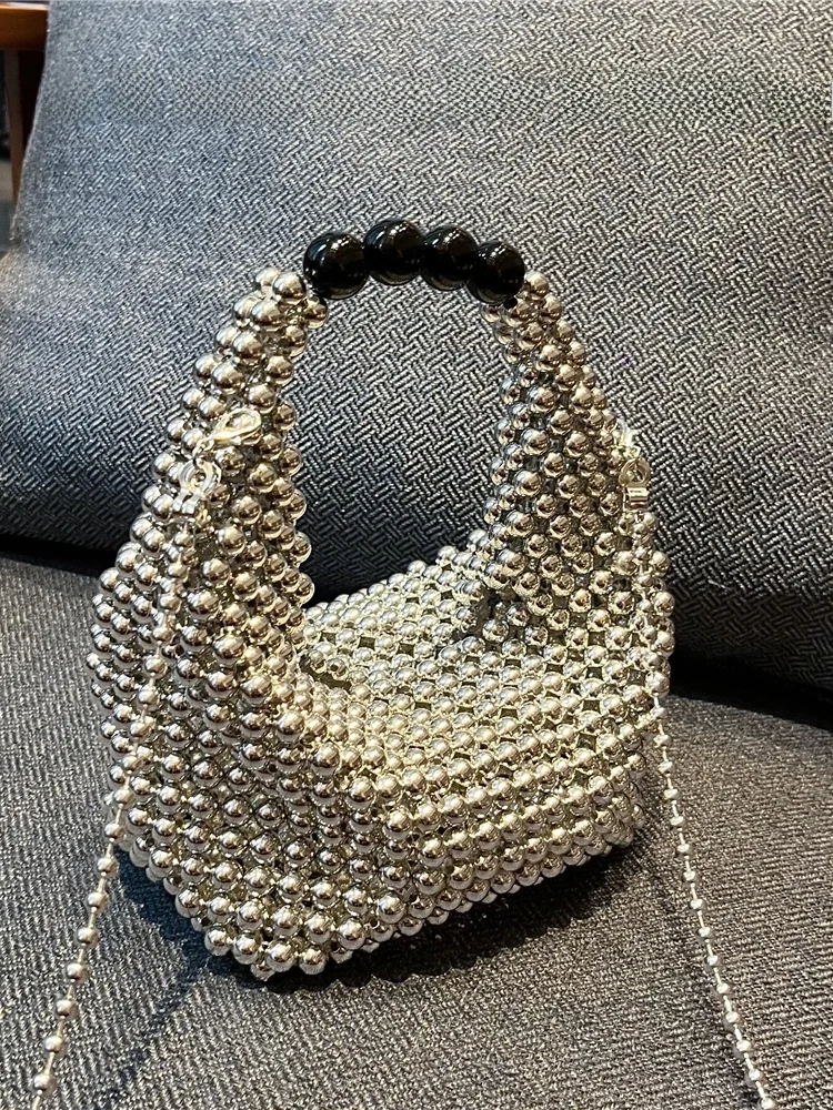

Fashionable Retro Silver Beaded Handbag Handwoven Boston Crossbody Bag Shiny Bridal Party Evening Clutch Small round Bag