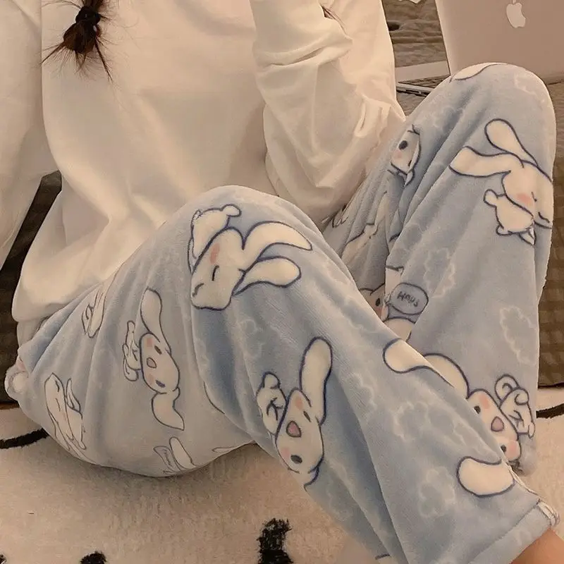 Sanrio Hello Kitty Cinnamoroll Cute Sweet Plush Cotton Sleep Bottom Pants Women Winter Flannel Pants Homewear Fleece Warm Pants