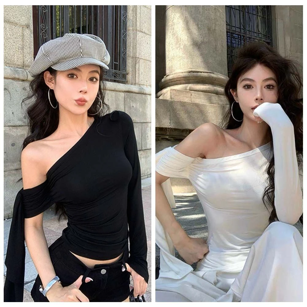 Vintage Tops Sexy Slanted Shoulder Crop Tops Ribbon Long Sleeved Off Shoulder Tops Korean Style Slimming Y2K T-shirts Spring