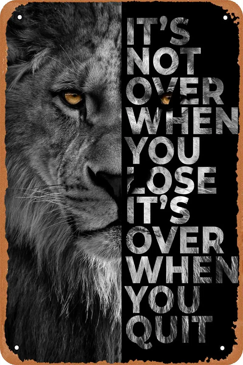 Never Give Up-letrero de estaño con citas inspiradoras, carteles de Metal de animales de León, letrero de estaño Vintage para Bar, Pub, comedor, cafetería, decoración de pared