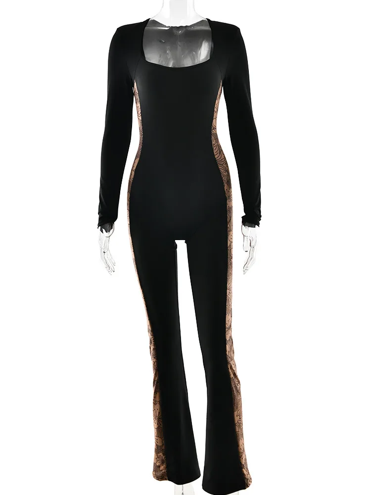 Combinaison élégante à manches longues en maille patchwork imprimée pour femmes, col carré sexy, haute élasticité, moulante, une pièce, vêtements décontractés