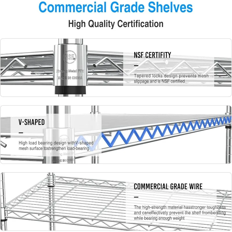 Pouseayar 3 ชั้น NSF Metal Shelving Grid Unit,ความจุ 1050 ปอนด์,Heavy Duty Adjustable Storage Rack พร้อมชั้นวาง