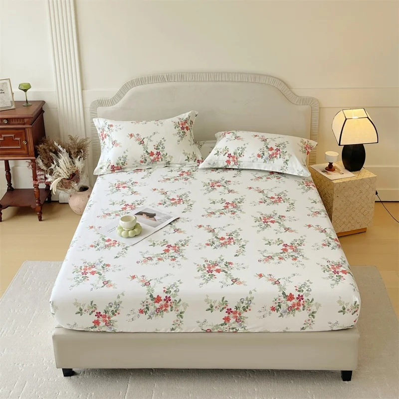 Bonenjoy 1 Pc 100%Cotton Fitted Sheet Floral Flower Printed Bed Cover with Elastaic Queen/King Size Bed Fitted Sheet 180x200cm