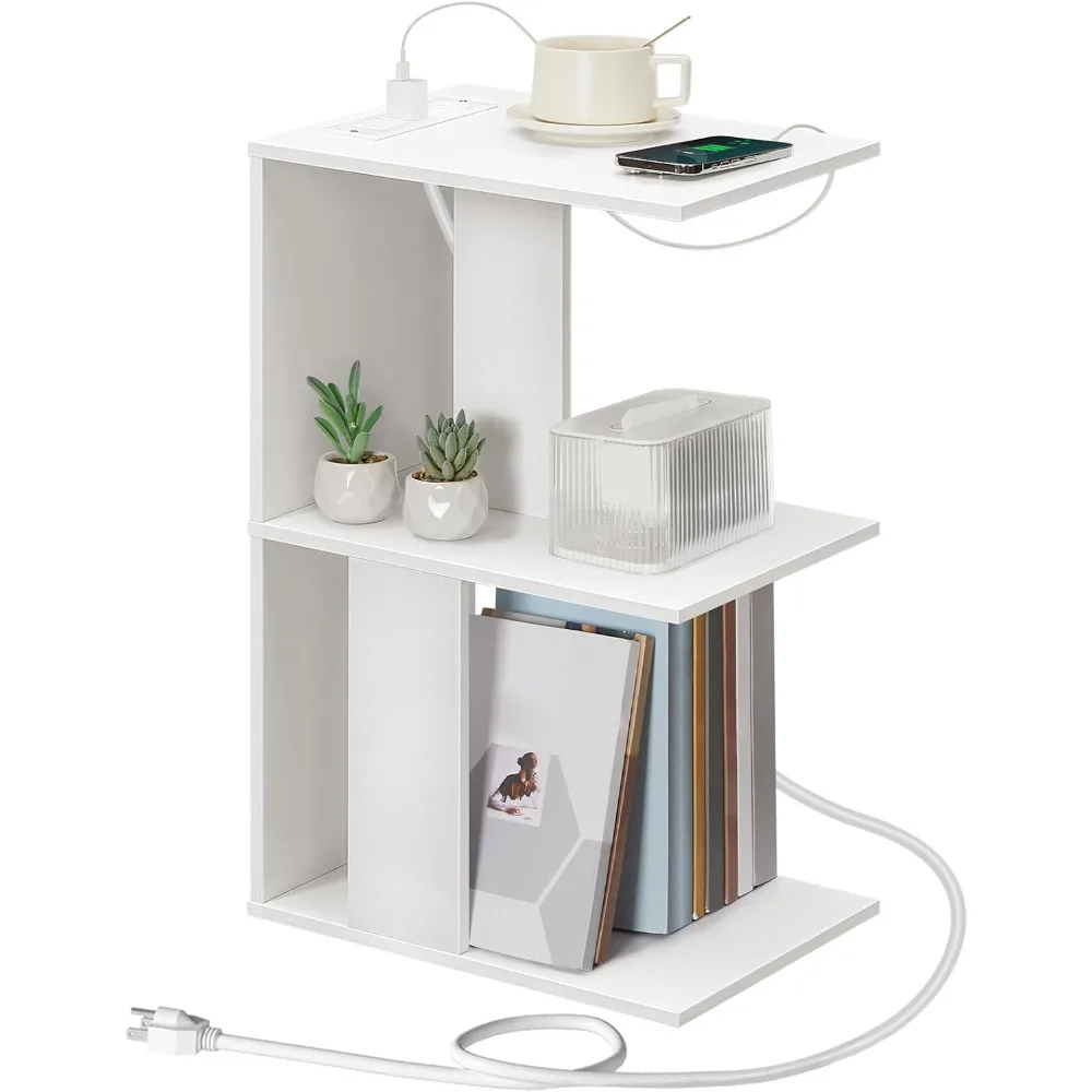 

End Table with Charging Station, Narrow Side Table for Small Spaces with USB Ports and Outlets, Bedside Nightstand with Light