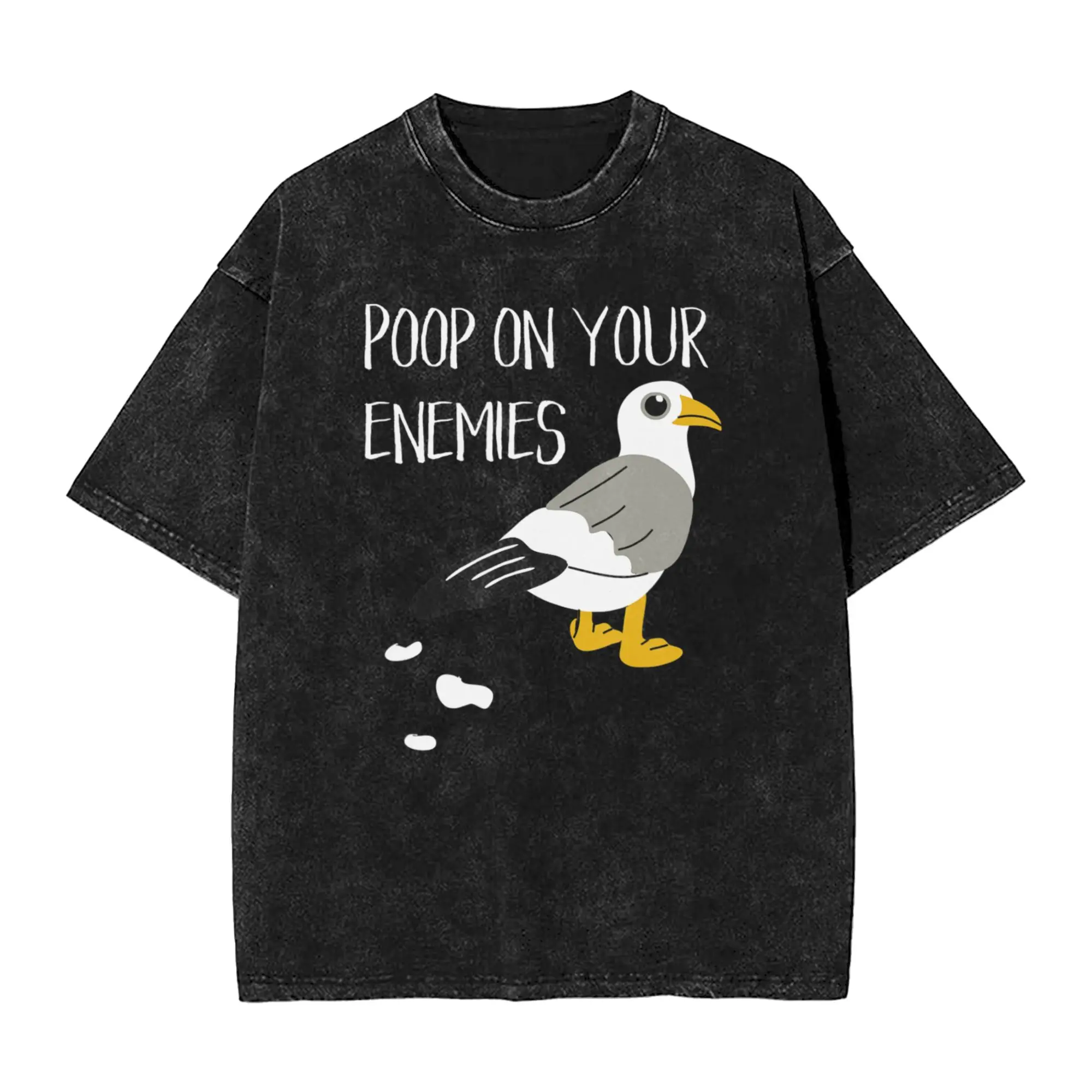 Poop On Your Enemies Funny Cartoon Seagull  T Shirts Hip Hop Washed Cotton Oversize T-Shirts  Vintage Men Women Streetwear