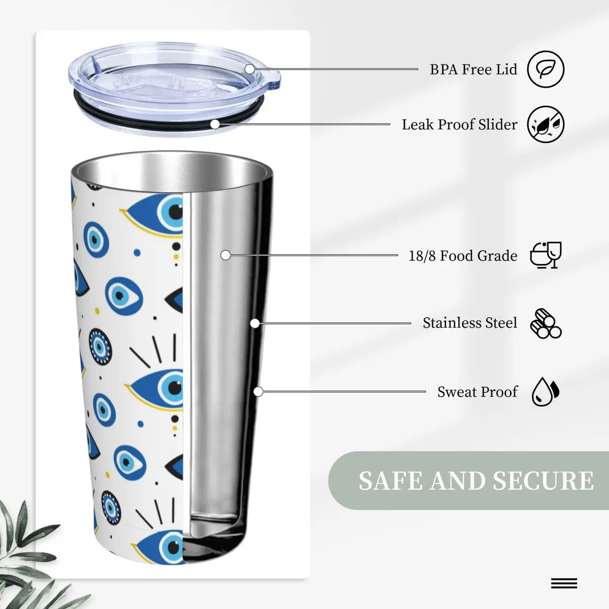 Nazar Evil Eye Charms Tumbler Vacuum Insulated Turkish Amulets Thermal Cup Stainless Steel Double Wall Mugs Water Bottle, 20oz