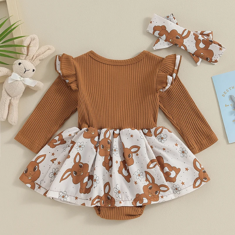 Vestido de Pascua para niños pequeños, mameluco acampanado con estampado floral de manga corta y diadema con orejas de conejo, conjunto para niñas, traje de primavera