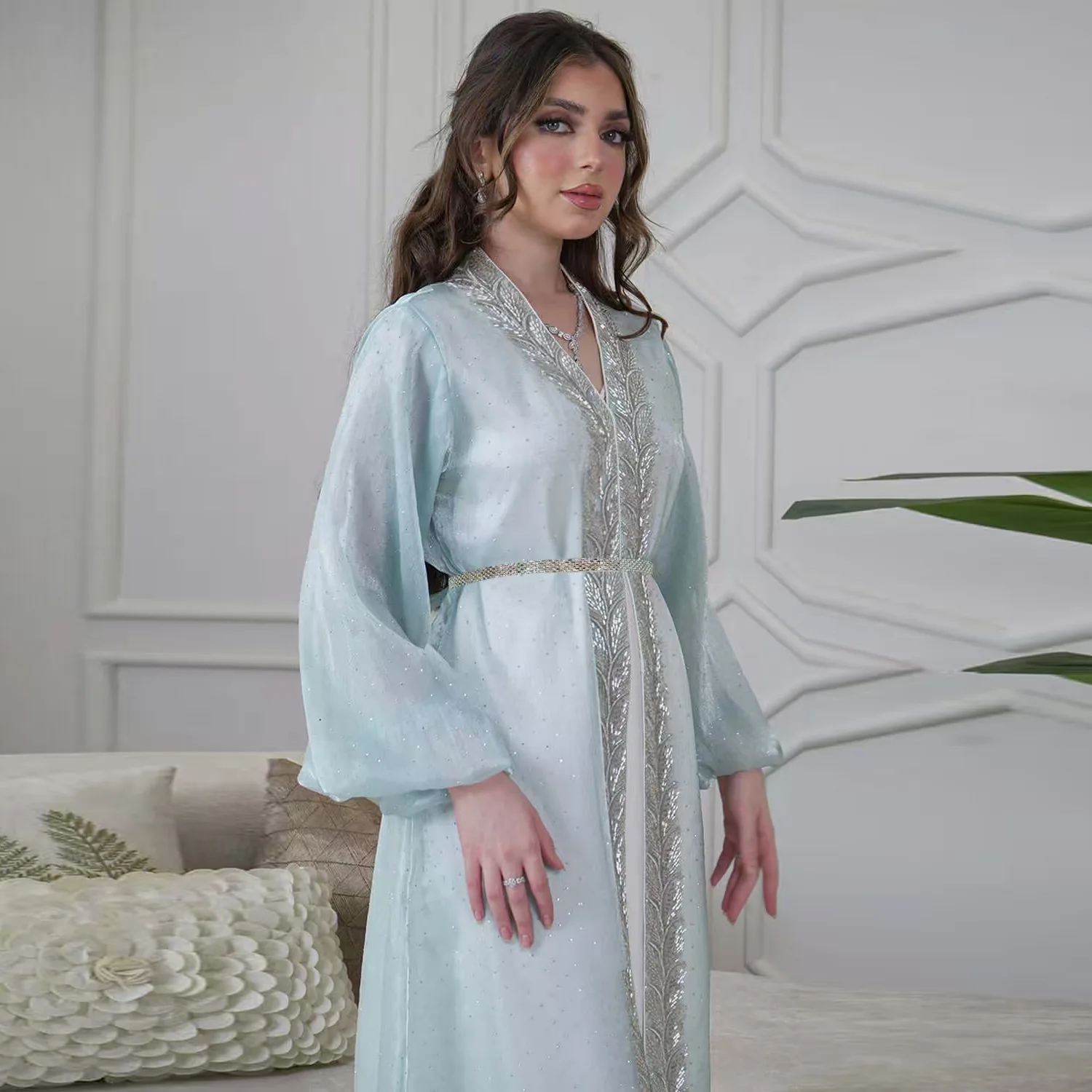 Eid Mubarak Djellaba Kimono Cardigan Dubai Abito in raso Kebaya Robe Diamond 3 pezzi Set Donna Abaya musulmano Caftano Jalabiya Abaya