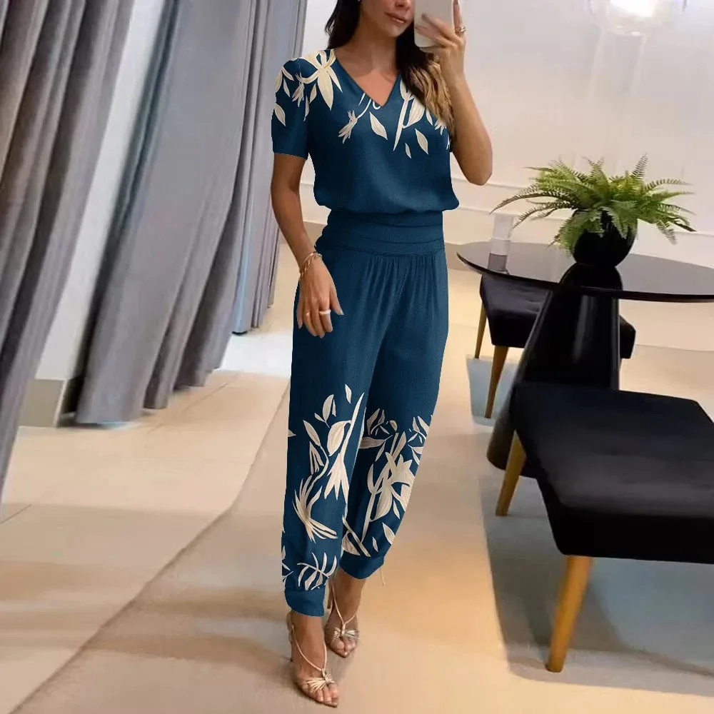 Women's Summer Casual Fashion Puff Sleeve V Neck Top & Geometric Print Cuffed Pants Set Office Lady 2Pcs Set Workwear Suit Sets